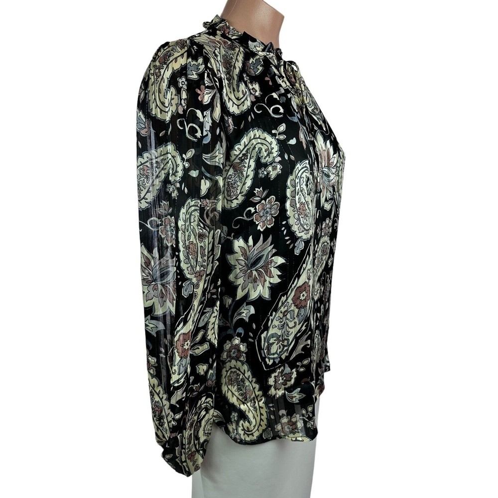 Tamara H. Sz S/P Blouse Ruffled Neckline Paisley Black w/Beige,Pink & Gold Metal - Picture 3 of 6